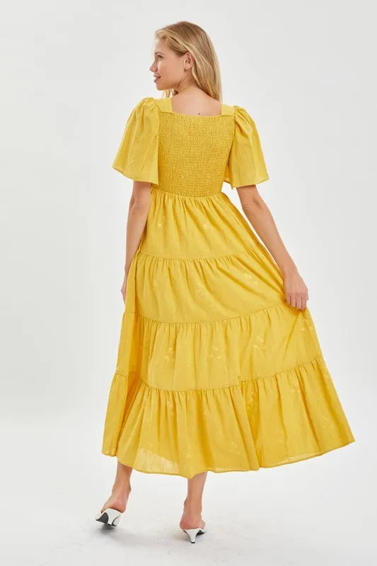 Yellow  Modest Embroidery Flutter Sleeve Dress