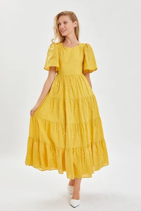 Yellow  Modest Embroidery Flutter Sleeve Dress