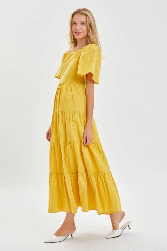 Yellow  Modest Embroidery Flutter Sleeve Dress