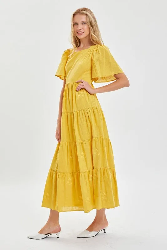 Yellow  Modest Embroidery Flutter Sleeve Dress