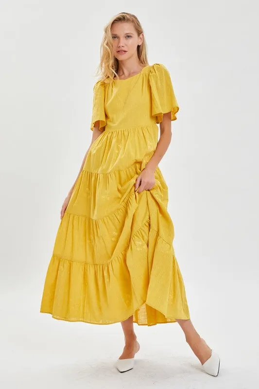 Yellow  Modest Embroidery Flutter Sleeve Dress