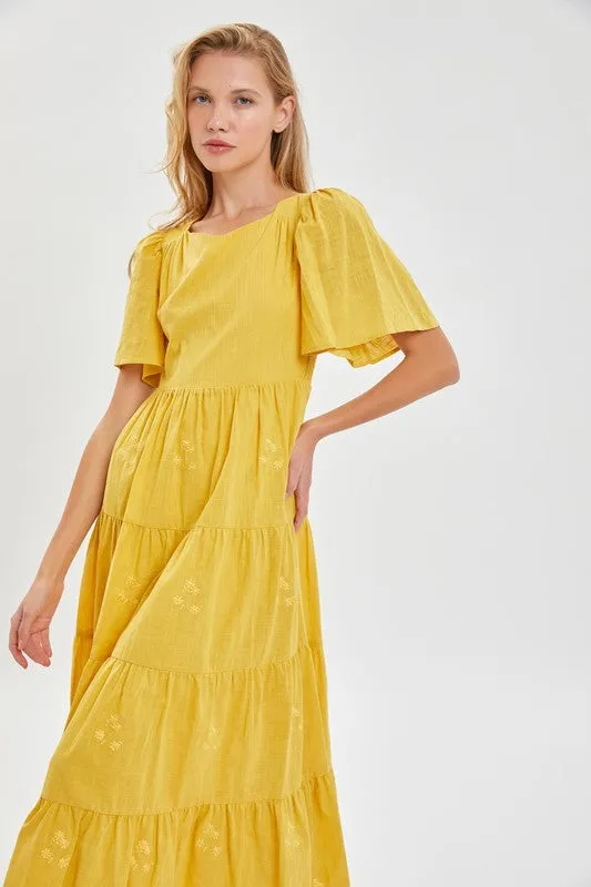 Yellow  Modest Embroidery Flutter Sleeve Dress