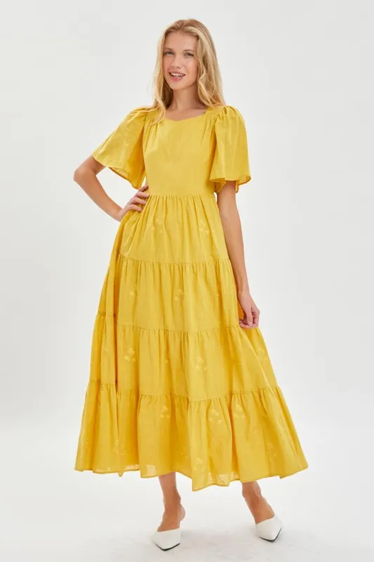 Yellow  Modest Embroidery Flutter Sleeve Dress