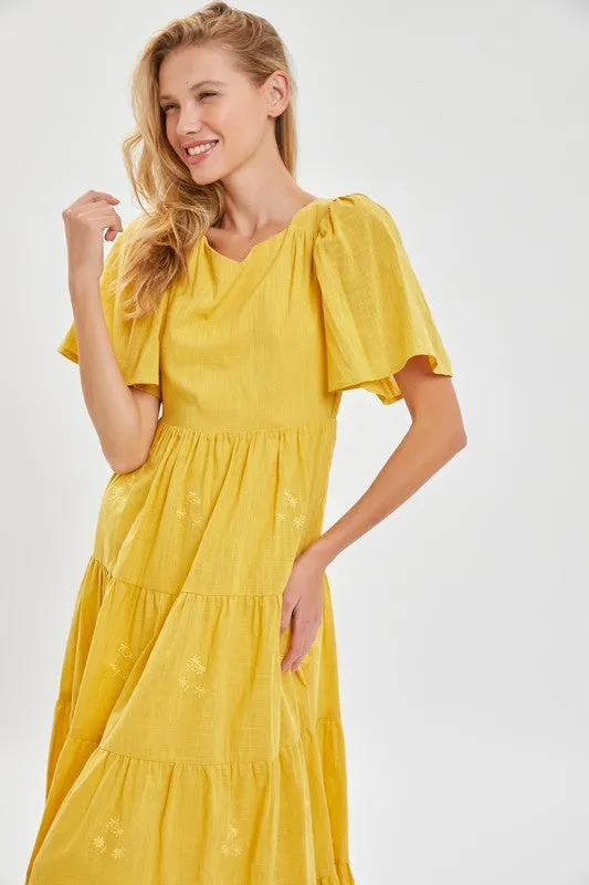 Yellow  Modest Embroidery Flutter Sleeve Dress