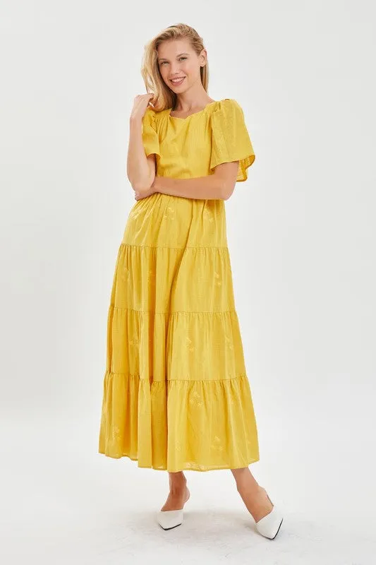 Yellow  Modest Embroidery Flutter Sleeve Dress