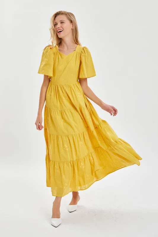 Yellow  Modest Embroidery Flutter Sleeve Dress