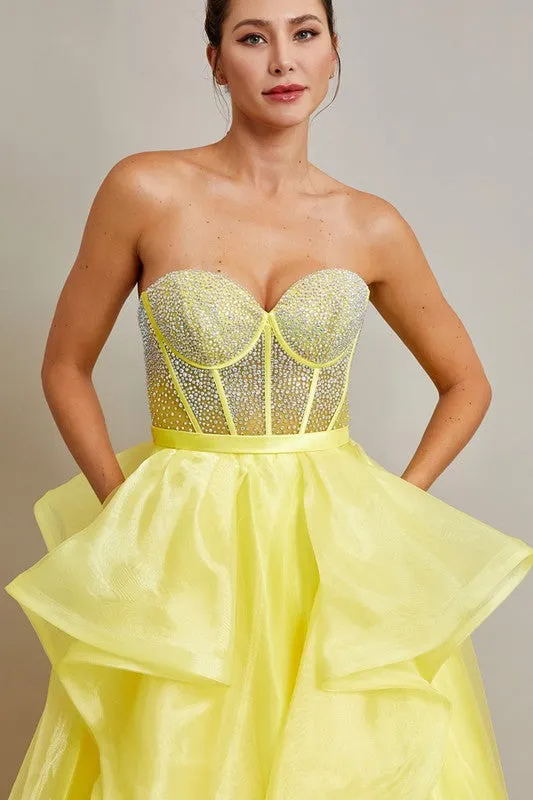 Yellow Strapless Sweetheart Boned Top A Line Dress