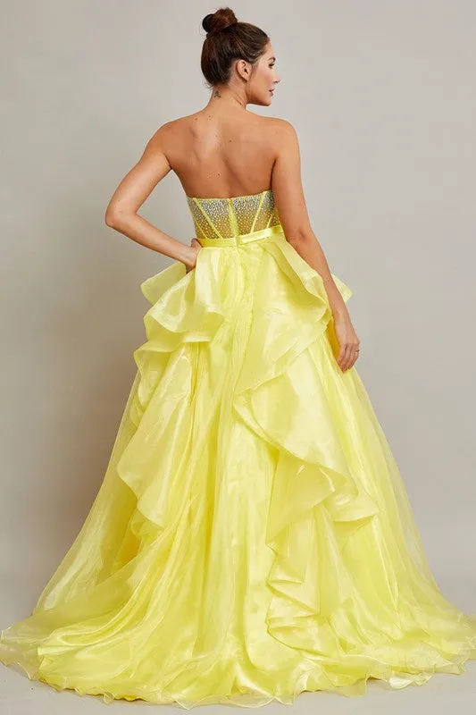 Yellow Strapless Sweetheart Boned Top A Line Dress